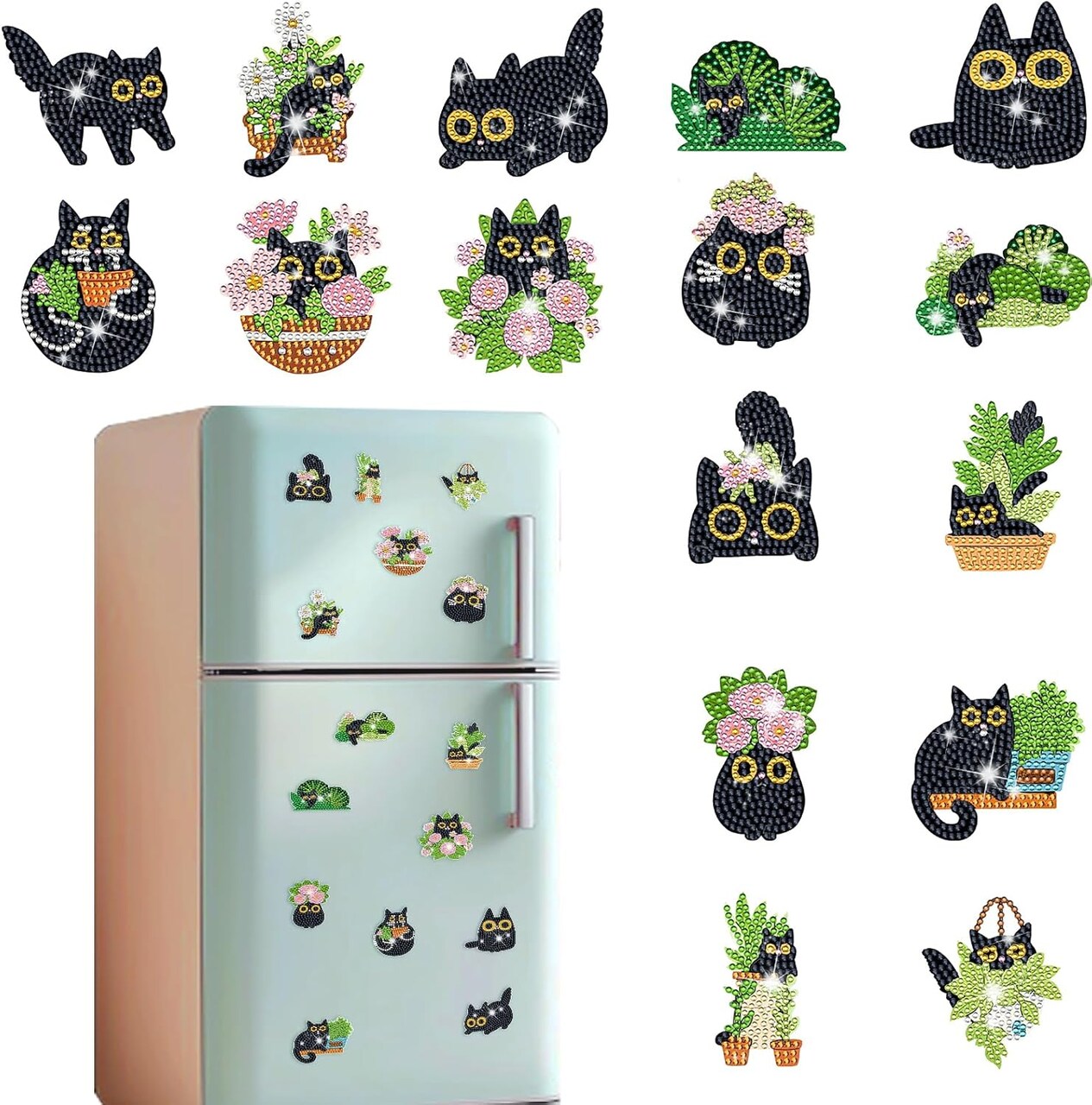 16Pcs Black Cat Diamond Art Magnets Kits – 5D DIY Diamond Art Kits for Adults & Beginners, Rhinestone Refrigerator Gem Crafts with Full Tools for Decor & Gift